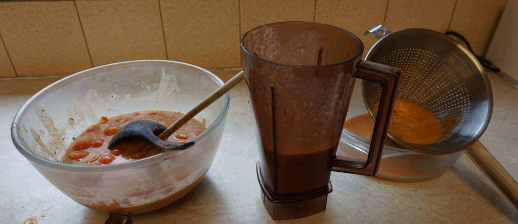 Cooked soup, liquidised and sieved