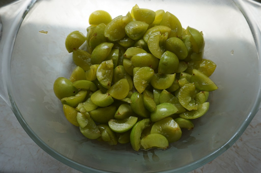 quartered greengage plums